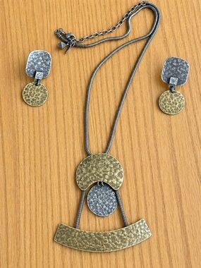 Vintage Marjorie Baer MB SF Statement Necklace and Earring Set Hammered brass